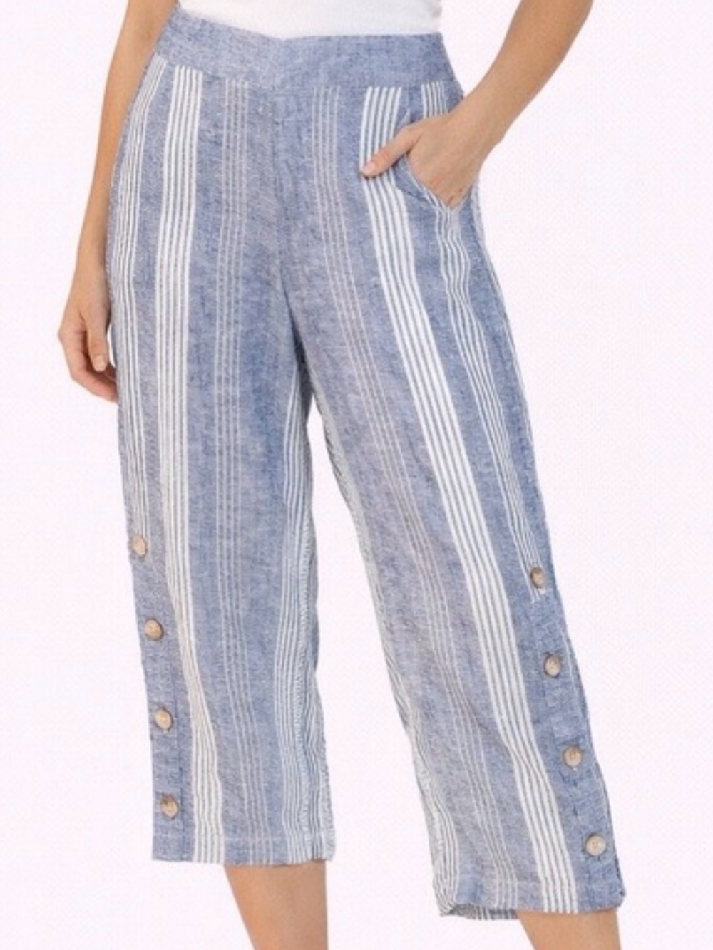 J. Jill NWOT Plus Linen Blue White Stripes Texture Wide Leg Capris Pants 2X